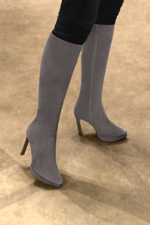 Pebble grey women's feminine knee-high boots. Tapered toe. Very high slim heel with a platform at the front. Made to measure. Worn view - Florence KOOIJMAN